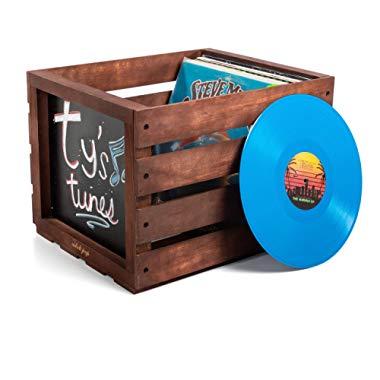 Chalkboard Vinyl Record Storage Wooden Crate - Chalk Pen & Dust Chalk Included - Wood Records Display Case - Perfect Album Organizer - by Adult Pop (Carrington)