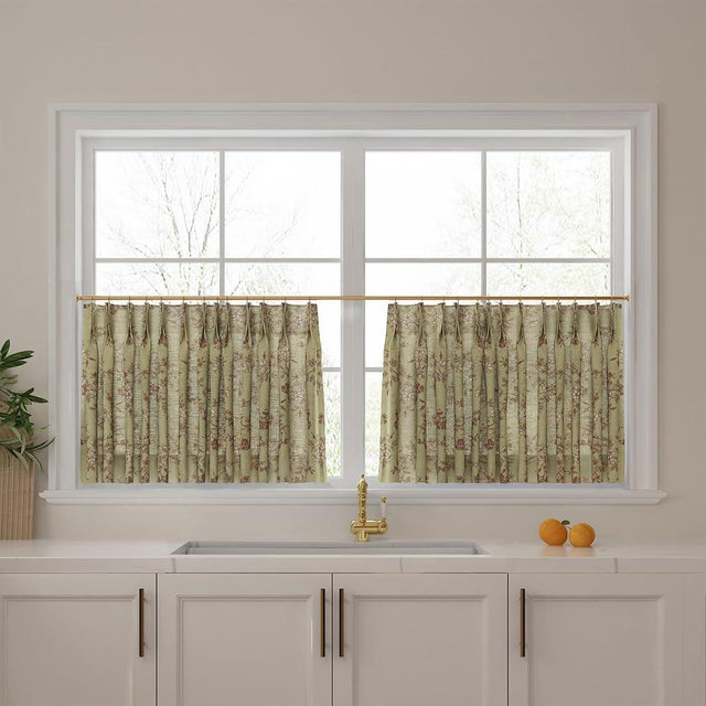 TWOPAGES Pinch Pleat Cafe Curtains 24 Inch Long Floral Half Window Curtains for Bathroom (Scarlett, 26W x 24L Inches, Set of 2)