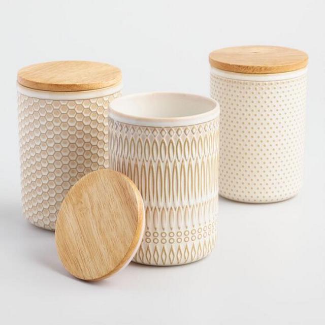 Textured Ceramic Storage Canisters with Wood Lids Set of 3