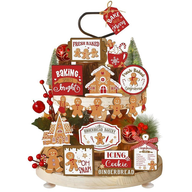 Funnymoom 17 Pcs Christmas Tiered Tray Decor Set Winter Tiered Tray Decorations Farmhouse Tabletop Centerpiece Christmas Wooden 3D Sign for Xmas Home Buffalo Plaid Rustic Table Decoration(Gingerbread)