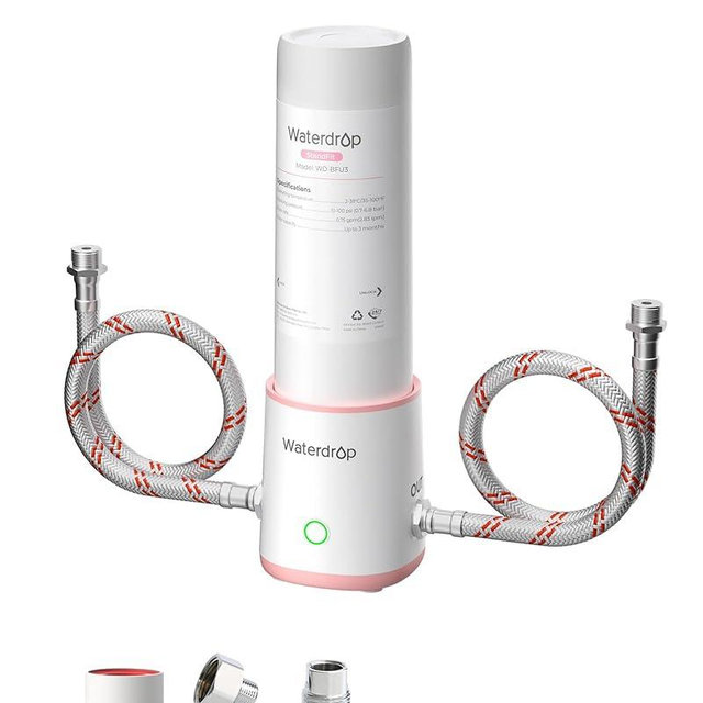 Waterdrop BFU3 Bathroom Water Filter for Face Care, No Drilling Required, Time Reminder, Reduces Chlorine, Scale in Water, Reduces Skin Redness and Irritation, for Cold Water Supply Only