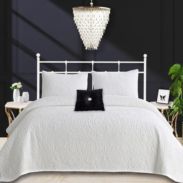 Querencia 3 Piece White Cotton Quilt Queen Size - Cotton Bedspread Embroidered Paisley Comforter Set Floral Bedding, Lightweight Bed Spread Coverlet French Chic Style, All Seasons (Full/Queen)