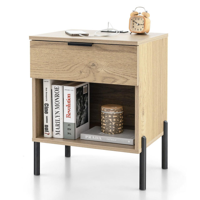 Costway 1PC Nightstand with Charging Station Drawer Compartment Modern Side End Table