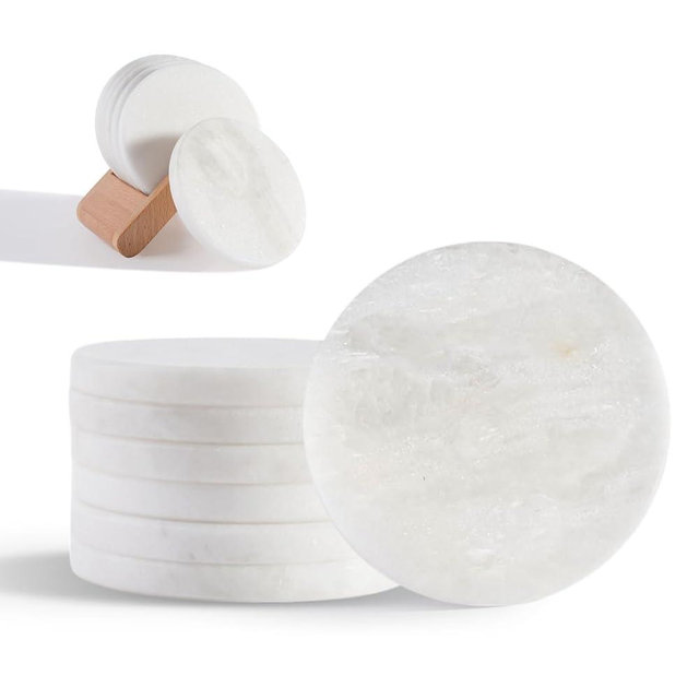 BCS Marble Coasters Set of 6 - Premium White Stone Coasters for Drinks with Holder - Cup Mats for Coffee, Tea, Beer, Wine - Elegant Table Decor for Home, Office, Dining
