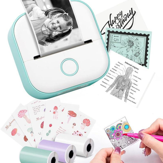 Memoking Label Makers - T02 Mini Portable Small Printer with 3 Rolls Paper, Sticker Printer Machine, Study Printer for Pictures, Photos, Journals, DIY, Compatible with Phone & Tablet, Green