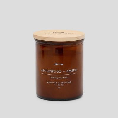 9oz Lidded Glass Jar Crackling Wooden Wick Candle Applewood & Amber - Threshold&#8482;