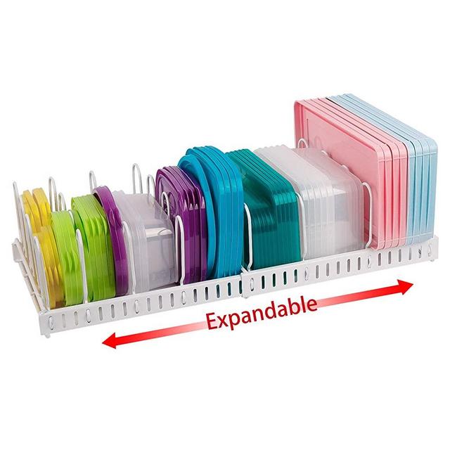 Expandable Food Container Lid Organizer,Large Capacity Adjustable 10 Dividers Detachable Lid Organizer Rack for Cabinets, Cupboards, Pantry Shelves, Drawers to Keep Kitchen Tidy,White(Patent Pending)