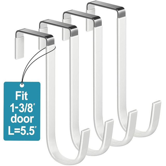 Mars-Rock Over the Door Hooks 4Pcs L=5.5" Fit 1 3/8" Door Steel with White Rubber Coating Hanging Towel Robe Clothing Hanger for Bathroom Room Wreath Ironing Board Holder Cute Thin Single Heavy Duty