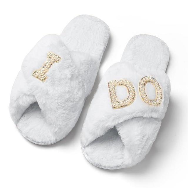 WeddingSteps Bride-to-Be Slippers - Comfy and Stylish Bridal Footwear with Elegant White Fur and Embroidery - Perfect Bachelorette Gift