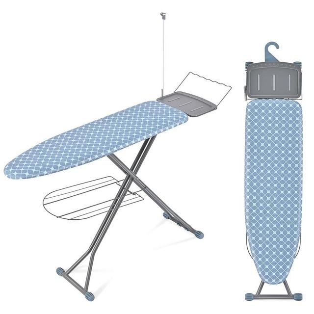 APEXCHASER Ironing Board, Extra Wide Iron Board with Bottom Storage Tray, Space Saver Ironing Boards with Iron Rest, Cord Holder, 7 Adjustable Height, Extra Thick Cover, 13x43 Blue