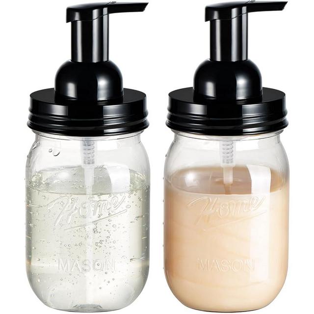 Amolliar Plastic Mason Jar Foaming Soap Dispenser with Pump Lid,16OZ Refillable Hand Soap Dispenser Set with Cute Lables - Farmhouse Decor for Kitchen/Bathroom, Lotion Liquid Dish Soap (2 Pack, Black)