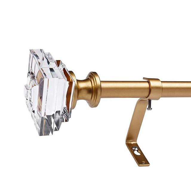 Coquilles Acrylic Square Finials Curtain Rod，3/4" Diameter Single Deorative Curtain Rod , Adjustable Length from 86 to 120 Inches，Gold