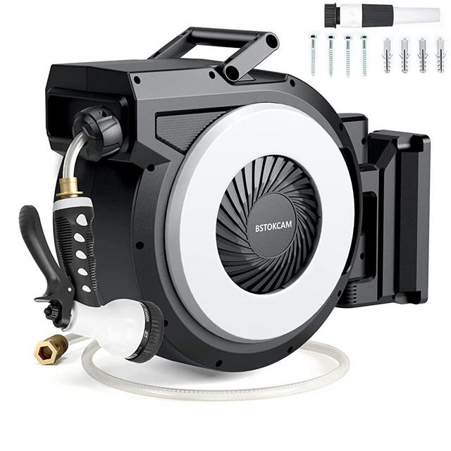 100 ft Retractable Garden Hose Reel by BSTOKCAM, Wall Mount Water Hose Reels Outdoor Organizer- Self winding Hose Reel Automatic Recoil Storage, Include 9 Functions Sprayer & Nozzle