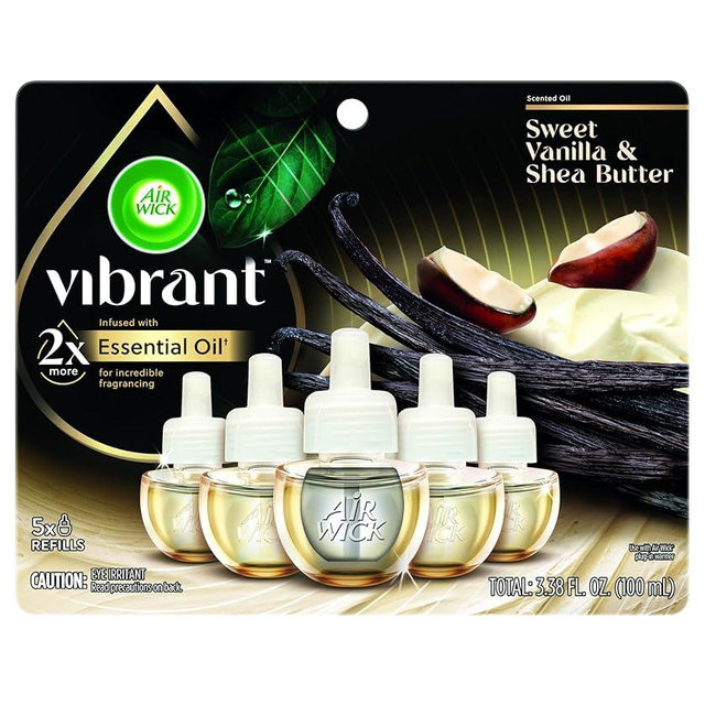 Air Wick Plug In Scented Oil Refills, Sweet Vanilla + Shea Butter, Air Fresheners for Home Long Lasting, Room Fresheners,Air Freshener Plug In, Vanilla Essential Oils, House Essentials, 5 ct