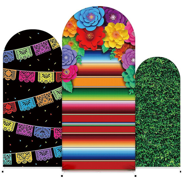 Tingjoo Set of 3 Mexican Fiesta Arch Cover Mexican Birthday Party Decoration Spandex Fitted Arch Stand Covers Backdrop 4ft 5ft 6ft for Banquet Ceremony Party Decoration Halloween Day of the Dead