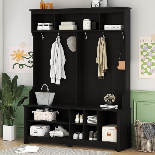 Wide Hall Tree with Storage Bench, Coat Rack with Shoes Cubbies, Wooden 60 Inch Mudroom Bench with 6 Hooks for Mudrooms Organization Entryway Living Room, Black