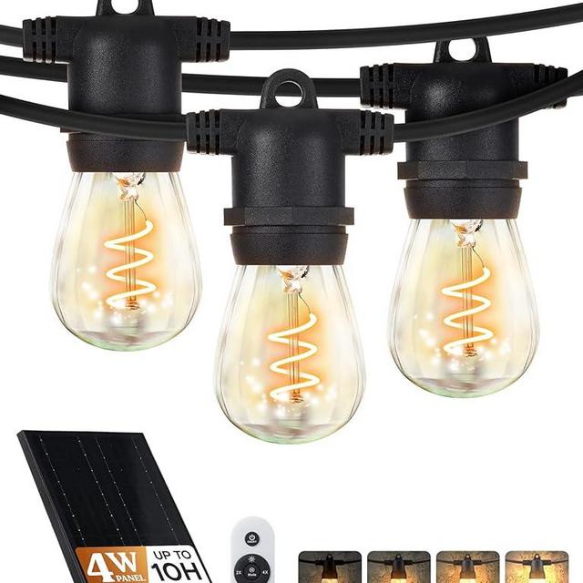 Brightech Ambience Pro Super Bright 48 Ft, 15 Bulbs Solar Power Remote Control Outdoor String Lights, Edison Spiral Shatterproof Bulbs, Commercial Grade LED, Waterproof Patio Lights, 4W Soft White