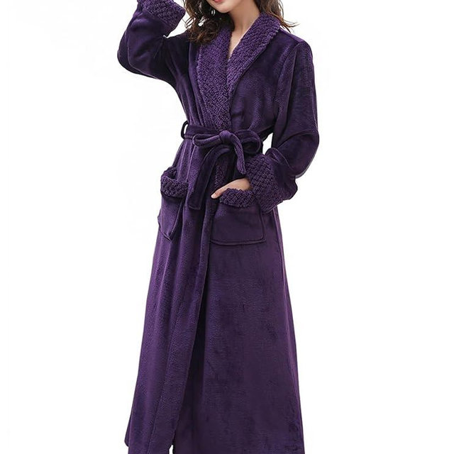 Artfasion Womens Long Fleece Robe - Warm Soft Floor Length Flannel Bathrobes for Winter Thicker Long House Coat with Pockets