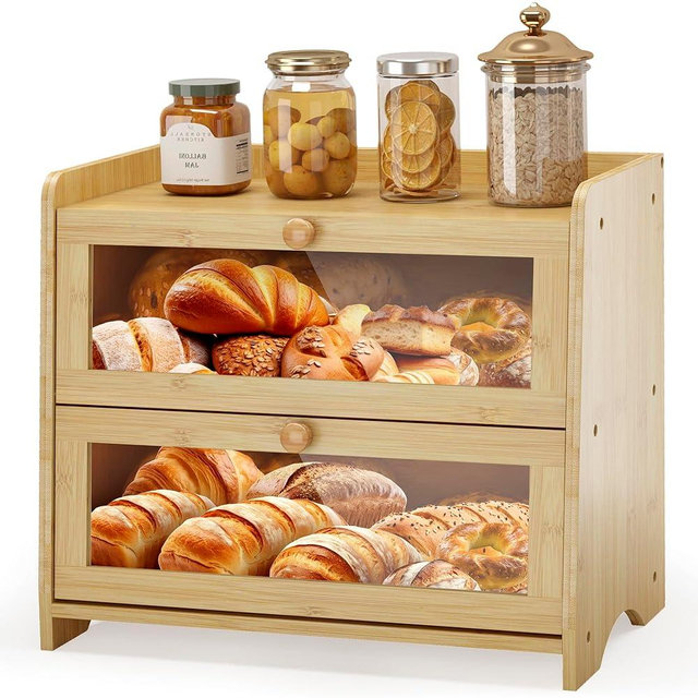 JANSNIMEN Double Layer Bread Box for Kitchen Countertop, Large Breadbox Bread with Windows, Wooden Farmhouse Bread Holder (Natural Bamboo)