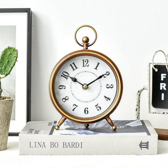 MICWIC Small Gold Table and Shelf Desk Clock,Vintage Small Table Clock on Stand, Decorative Desk and Shelf Clock Farmhouse Mantel Non-Ticking Clock Rustic Metal Frame with Antique Gold Finish