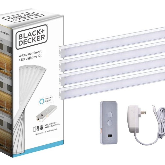 BLACK+DECKER Compatible with Alexa Smart LED Under Cabinet Lighting Kit, Motion Sensor, Dimmable , 3 Color Settings, For Kitchen, Cabinets and Closets, (4) 9" Bars, White, A Device