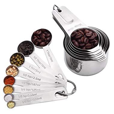 Measuring Cups and Spoons Set of 15, Durable Single Stainless Steel 7 Measuring Cups and 8 Measuring Spoons (Stainless steel) (Stainless Steel)