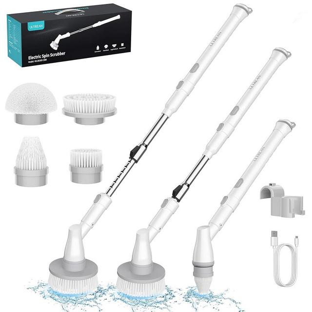 Ultrean Electric Spin Scrubber, Cordless Cleaning Brush with 4 Replaceable Brush Heads Adjustable Extension Handle, Dual Speed Shower Scrubber for Cleaning Bathroom, Tile, Floor, Tub
