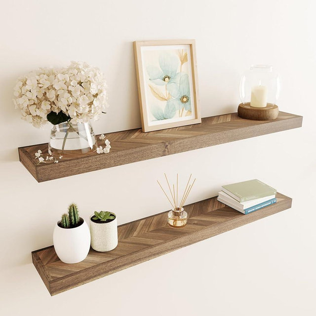 Howizz 24" Acacia Chevron Floating Shelves Set of 2 - Wall Mounted Wooden Shelf for Stylish Home Décor - Walnut Color - 24x6.7x1.5 Inches