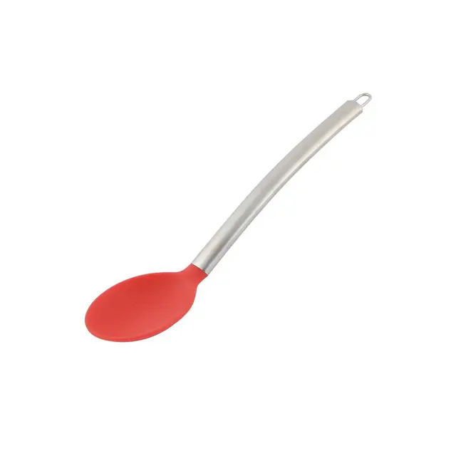 Unique Bargains Kitchenware Silicone Covering Head Cooking Spoons 13.4" x 2.6"x 0.7" Red Silver Tone 1 Pc