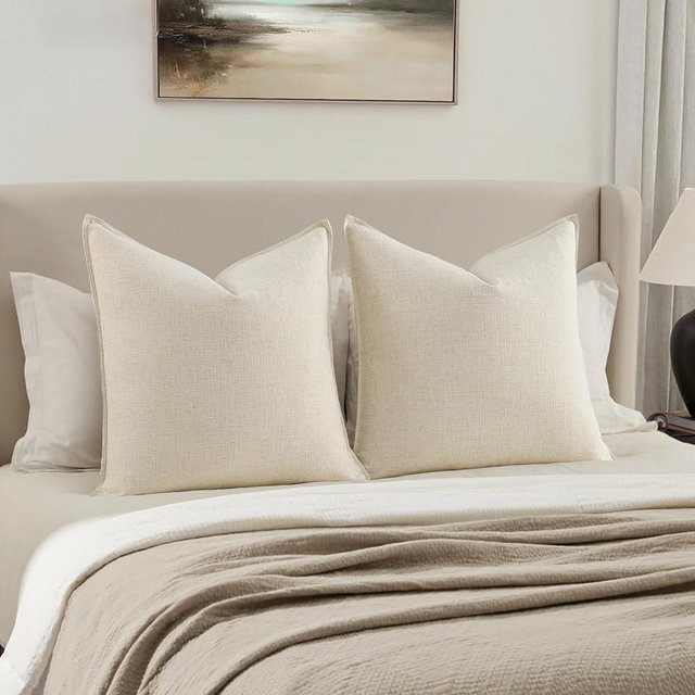 MIULEE Decorative Euro Sham Pillow Covers 26x26, 2 Pack Large Boho Farmhouse Neutral Throw Pillows for Bed, Thick Textured Modern Linen Cushion Cases Couch Sofa Living Room Home Decor, Cream White