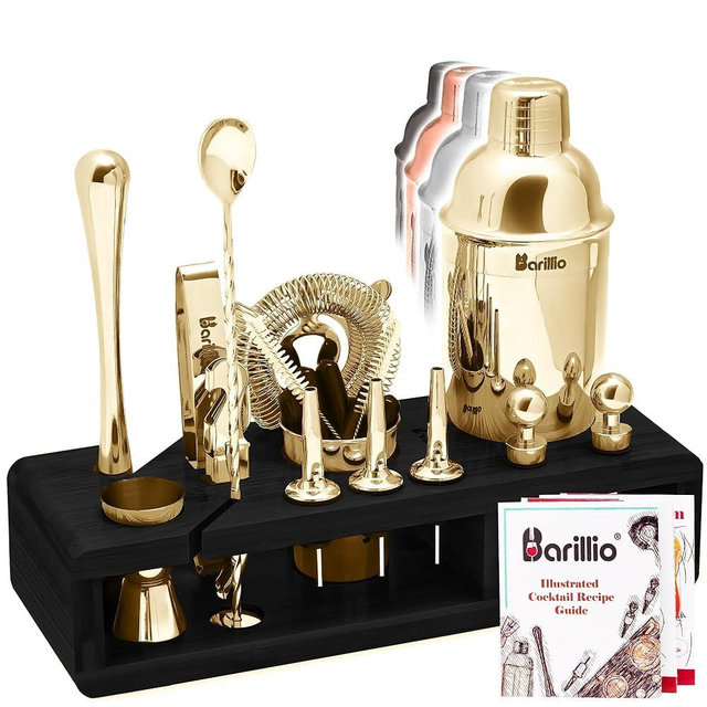 Gold Mixology Bartender Kit Cocktail Shaker Set by Barillio: Drink Mixer Set with Bar Tools, Muddler, Mixing Spoon, Jigger, Strainer, Sleek Bamboo Stand & Recipes Booklet