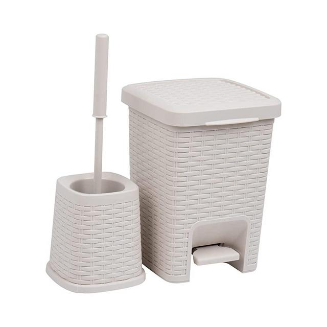 Mind Reader Basket Collection, Square Wastepaper Pedal Basket and Toilet Brush Set, Wicker Style, Bathroom, 2 Piece Set, Ivory