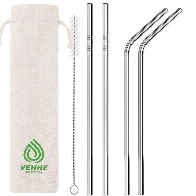 VEHHE Metal Straws Stainless Steel Straws Drinking Straws Reusable - 10.5" Ultra Long 4 + 1 - W/Cleaning Brush for 20/30 Oz for Yeti RTIC SIC Ozark Trail Tumblers (2 Straight|2 Bent|1 Brush)