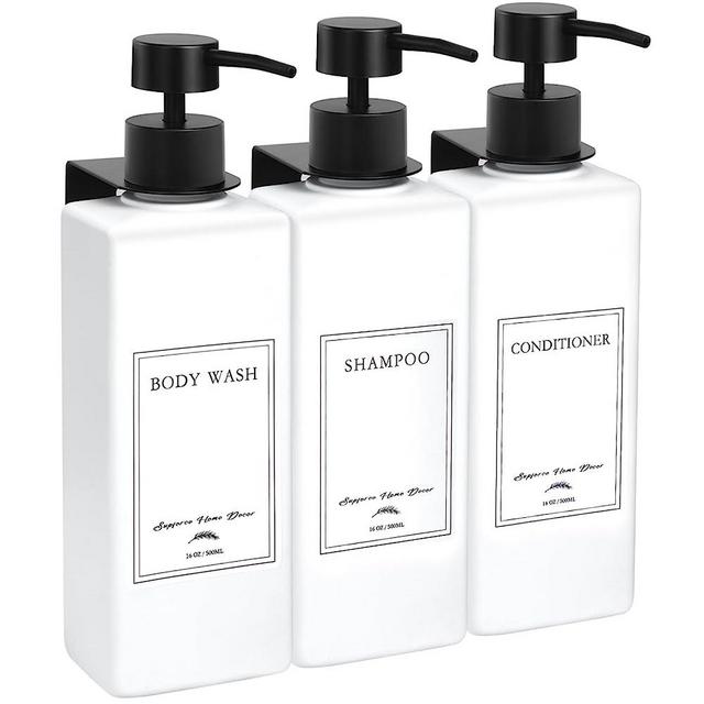 Shampoo Dispenser Wall Mount 3 Chamber, No Drill Shampoo and Conditioner Dispenser with Matte Pump and Waterproof Labels, Wall Mounted Shower Soap Dispenser for Hotel Home Bathroom