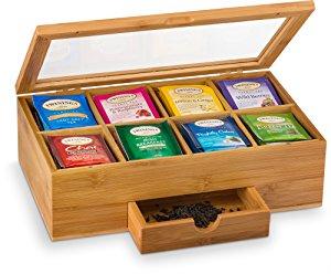 Bamboo Tea Box with 8 Storage Sections & Expandable Drawer to Keep Your Bagged and Loose Teas Fresh in Style, Features Clear Hinged Lid for Quick Access & Visibility of Your Tea, By: Bambüsi
