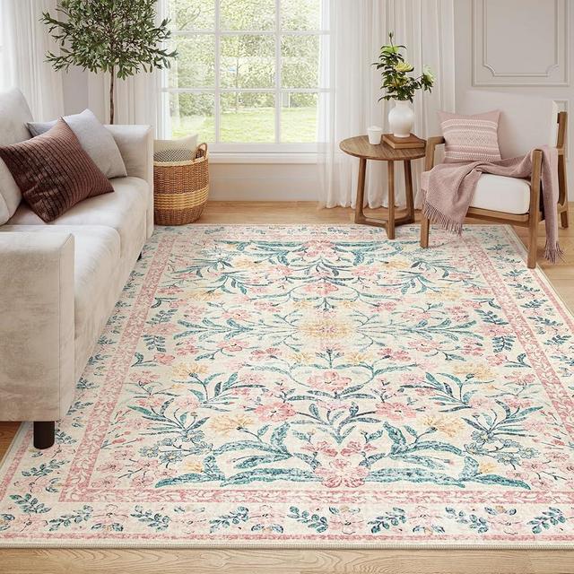 Wonnitar 8 x 10 Area Rugs for Living Room, Boho Large Washable Bedroom Rug 8x10, Soft Pink Floral Rug Non Slip, Low Pile Indoor Carpet for Girls Room Playroom Nursery