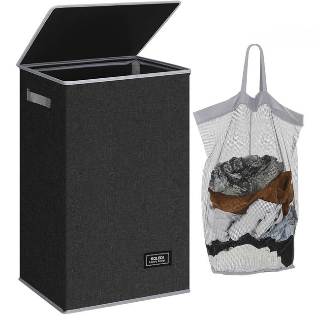 SOLEDI Laundry Hamper with Lid 90L Large & Tall Collapsible Laundry Basket, Clothes Hamper with Bag Removable Easy to Carry, Dirty Hampers for Bedroom, Bathroom, Dorm, College, Dark Grey