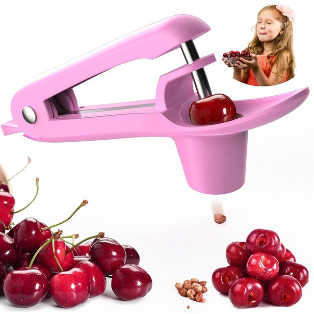 Cherry Pitter - Ordekcity Stainless Steel Cherries Corer Pitter Tool with Hand-held Push Design, Save Time & Space for Making Cherry Jam with Lock Design(Pink)