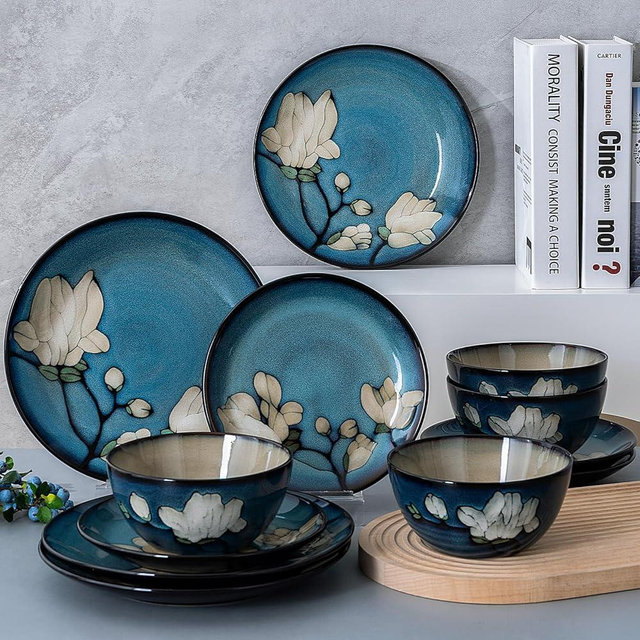 WHITEPEONY Dinnerware Set Blue Stoneware 12 Pieces Service for 4, Stoneware Plates and Bowls Set Stoneware Set, Dishwasher Microwave Safe Dishes set