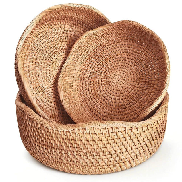 Artisanal Rattan Bread Baskets for Serving, Natural Fruit Basket for Kitchen Counter, Hand Woven Food Baskets, Wicker Bread Basket for Serving, Fruits, Snacks, Nuts, Keys, Wallets, Etc.(Wave-Combo)