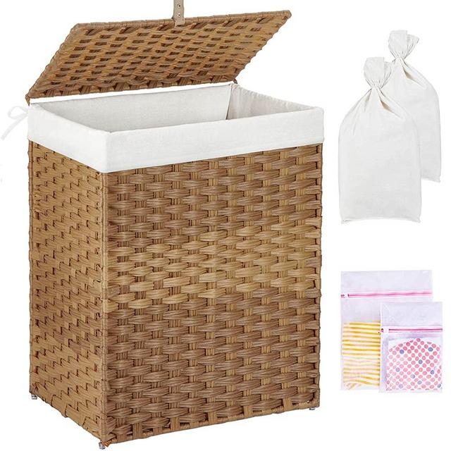 Greenstell Laundry Hamper with Lid, 90L Clothes Hamper with 2 Removable Liner Bags & 2 Mesh Laundry Bags, Handwoven Synthetic Rattan Laundry Basket for Clothes, Toys in Bathroom, Bedroom Natural