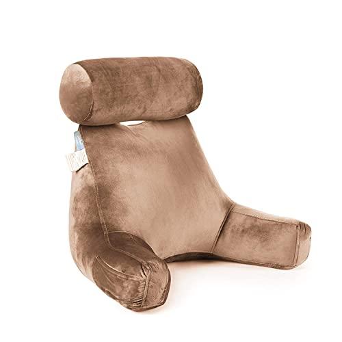 ZOEMO Bed Rest Reading Pillow - Bedrest Pillows with Arm Rests and Neck Roll for Reading Watching TV in Bed, Floor or Sofa - Big Bedrest Pillow with Neck Roll Pillow (27" Tall, Brown)