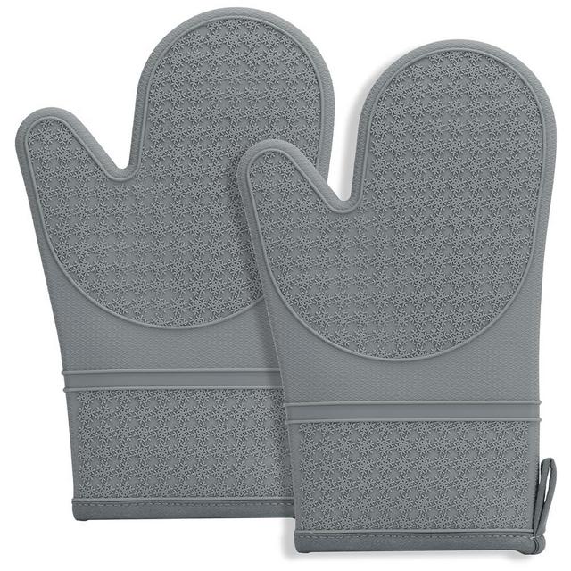 Hovico Silicone Oven Mitts, Oven Gloves with Non-Slip Waterproof - 2PCS Grey Oven Mittens Heat Resistant 600 Degree, Soft Lining Silicone Oven Mits for Cooking Baking Kitchen Mitten