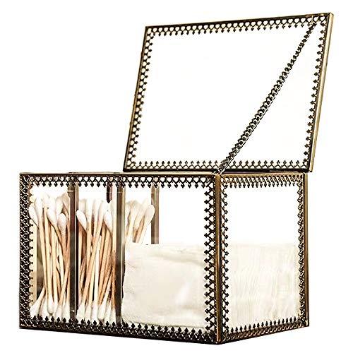 Mirror Glass Qtip Dispenser Apothecary Jars Bathroom - Qtip Holder Storage Canister Clear Glass Jar for Cotton Ball,Cotton Swab,Q-Tips,Cotton Rounds Vintage Decor Box (Brass)