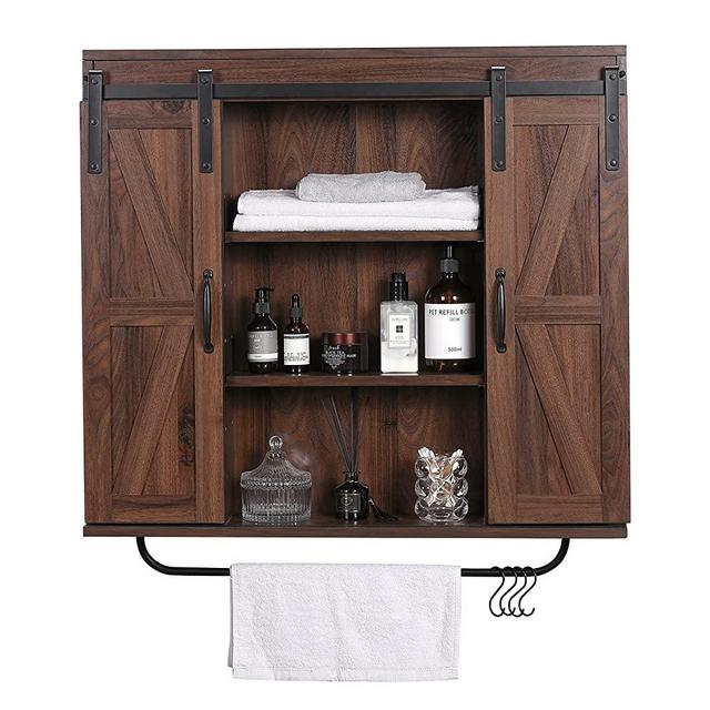 Rustic Wood Wall Storage Cabinet with Two Sliding Barn Door, 3-Tier Decorative Farmhouse Vintage Cabinet for Kitchen Dining, Bathroom, Living Room, Dark Walnut