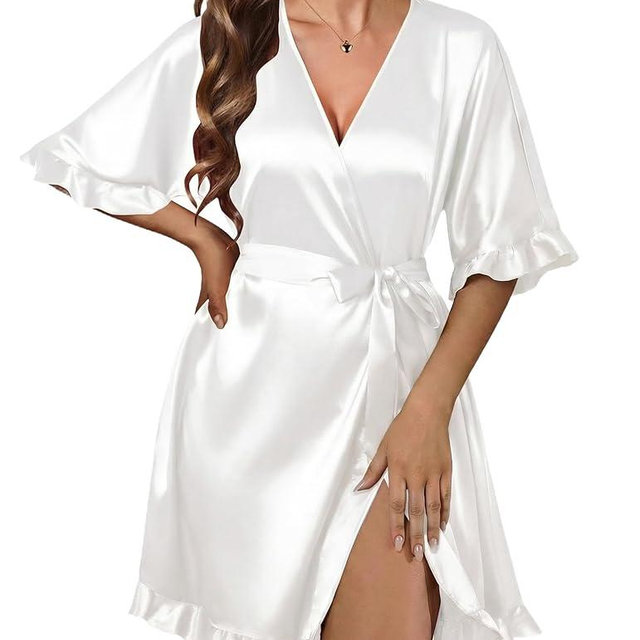 Ekouaer Silk Robes for Women Short Lightweight Bathrobe Ruffled Satin Kimono Robes Sexy Bride Bridesmaid Sleepwear