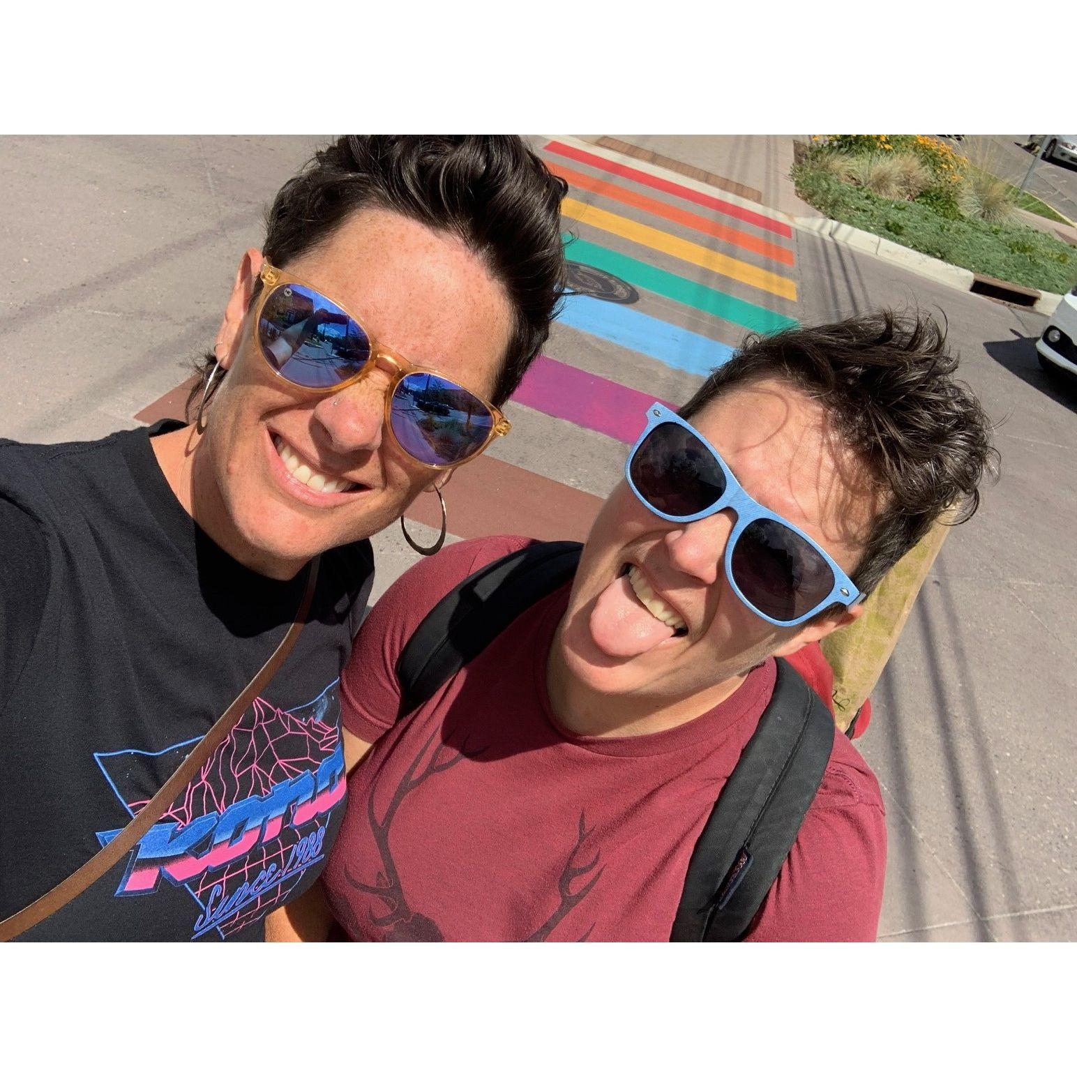 We had to take a pic next to the rainbow crosswalk in Missoula, Montana. Maybe the only place in Montana you can find such a thing.