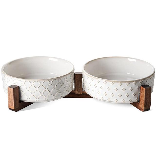 LE TAUCI Dog Bowls Small Breed,Dog Bowl Set with Acacia Wood Stand,1.5 Cups Food and Water Bowl for Small Dogs and Cats, Weighted Dog Dishes, Pet Bowls