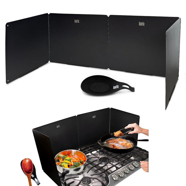 Baetle Black Large 4 Sided Stainless Steel Oil Splatter Guard for Frying, Bonus Silicone Spoon Rest, Splash Guard for Cooking, Non Stick Foldable Splatter Screen for Stove Top, Grease Splatter Guard