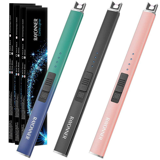 RAYONNER Lighter Electric Lighter Candle Lighter USB Lighter Rechargeable Flameless Plasma Windproof for Candle Cooking BBQ Firework (Black+Rose Gold+Green/Blue Gradient, 1 Count (Pack of 3))